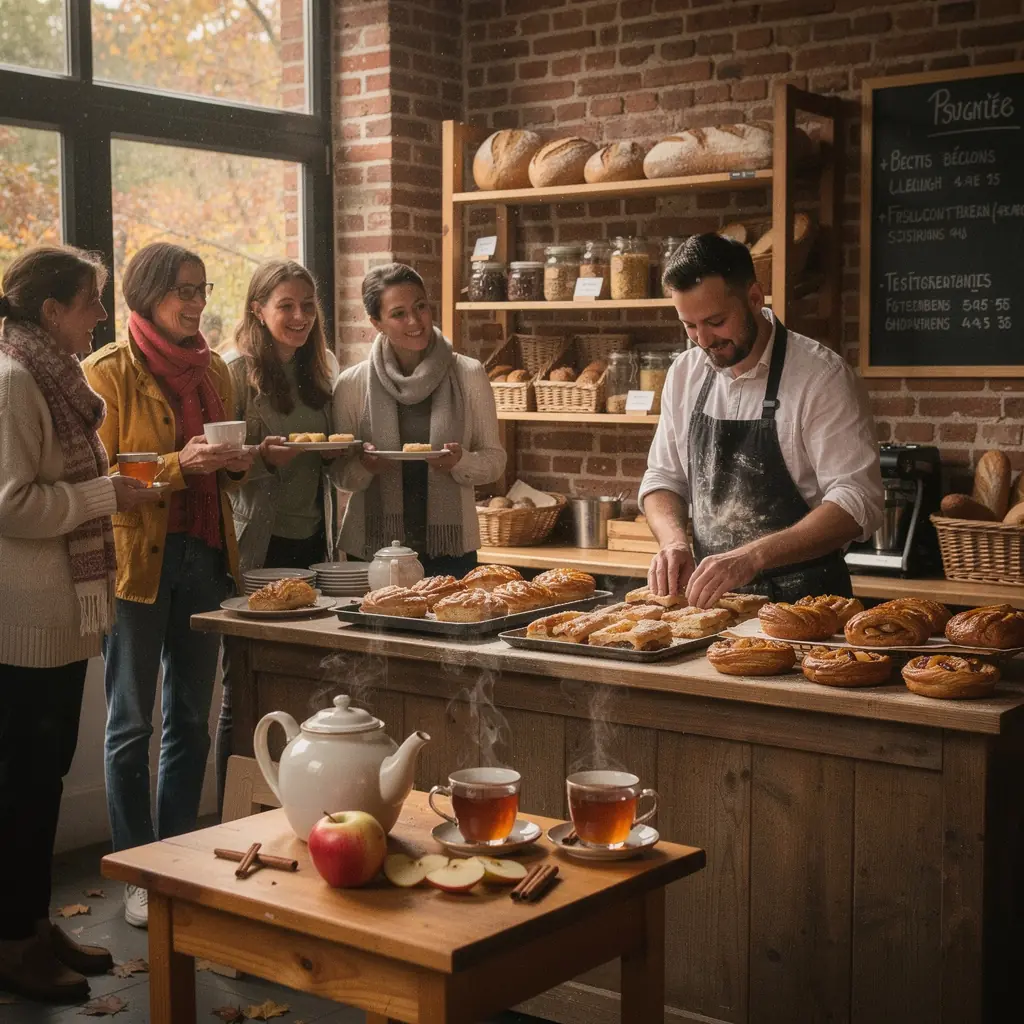 Une tasse de thé à la cannelle et à la pomme fumante sur une table en bois, entourée de feuilles d'automne.