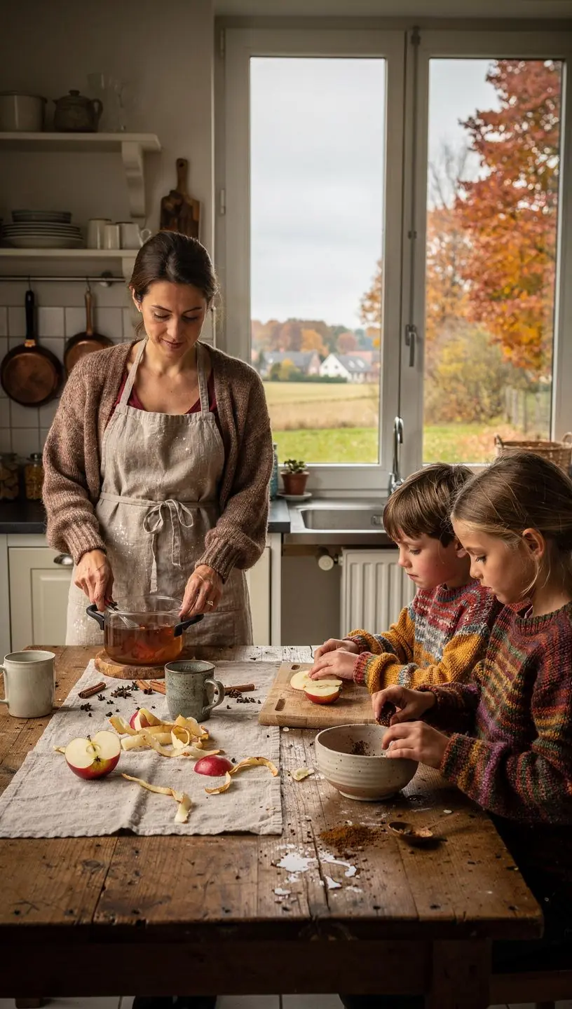 Des tasses en céramique colorées, fumant, avec une ambiance chaleureuse et conviviale autour.